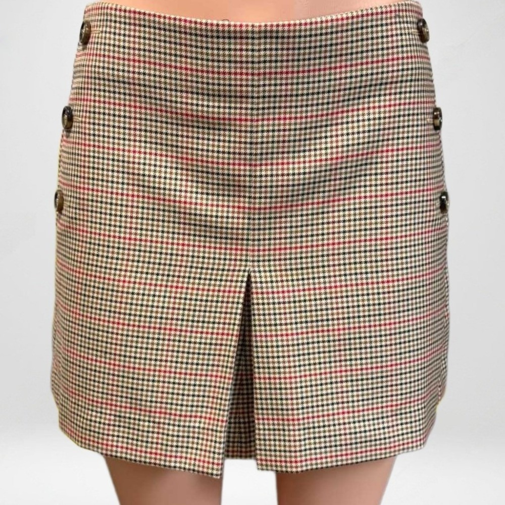 Mango MNG Plaid Mini Skirt Brown Tan Red Button Houndstooth Pleated Size M
